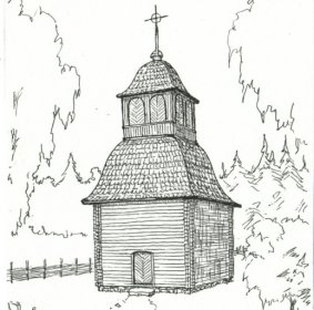 Iljalan tienristeys Pälkjärvi_08 Piirros kellotapulista_Rakennettu 1760-luvulla, tuhoutunut 1940-luvulla_Kuva Pälkjärven Pitäjäseura ry