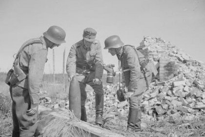 Punaisen talon mäki_03 Taloraunion luona suutariksi jäänyttä kranaattia tarkastellaan elokuussa 1941_SA-kuva 5-8-1941