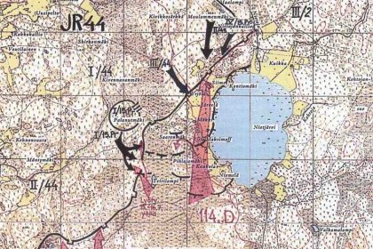 U-asema Maksimoff_06 Operaatiokartta, vihollisen eteneminen 12-15_7_1944 ja omat vastahyökkäyksemme_Kuva M Koskimaa