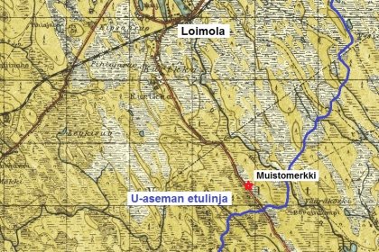 Loimola kaakko muistomerkki_04 Yleiskartta, U-aseman etulinjan kulku suhteessa muistomerkkiin