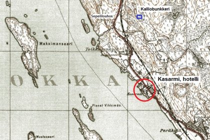 Salmin rajavartiosto Pitkäranta_04 Kasarmialue ja U-aseman Kalliobunkkeri peruskartalla