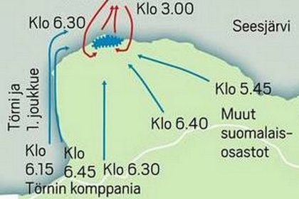 Kuusiniemen tukikohta Seesjärvi Aunus_06 Kuusiniemen taistelu maaliskuussa 1944_Karttakuva Iltasanomat