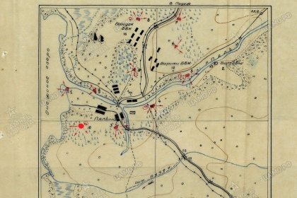 Pälmän Vanhakylä_07 Kartan punaiset merkit ovat hirsibunkkereita, ja niiden nuolten määrät osoittavat ampuma-aukkojen määrän, nuolten suunnat ampumasektorit