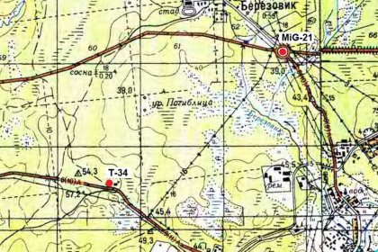 Liikenneympyrän sotamuistomerkki Tihvinä_03 Tihvinän sotamuistomerkit MiG-21 ja T-34 kartalla