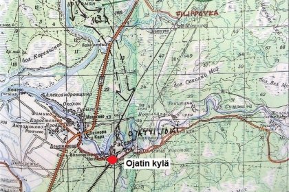 Ojatin kylä Ojattijoki_06 Operaatiosuunnitelmassa 1941 tavoitteena oli Ojatin asema- ja luostarikylä_Piirros V Rinkinen