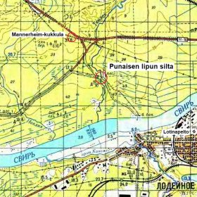 Punaisen lipun silta Syväri_02 Sillan paikka 1980-luvun venäläisellä topografisella kartalla